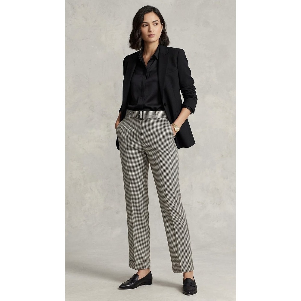 Talbots Petites Houndstooth Wool Blend Cuffed Belted Dress Pants Black White 4P
